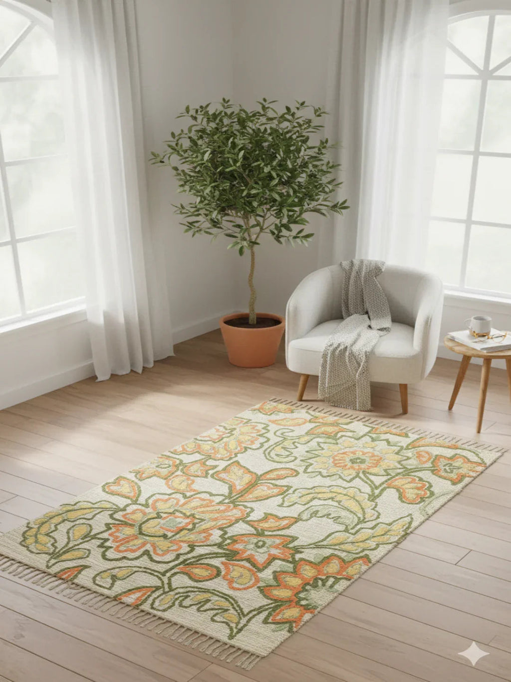Beige Floral Vine Woven Cotton Jute Rug with Fringed Edges - SanskrutiHomes 
