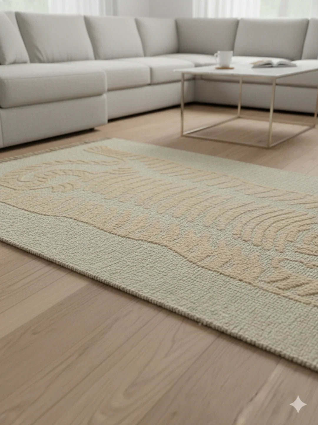 Beige Tiger Motif Tufted Cotton Jute Rug with Fringed Edges - SanskrutiHomes 