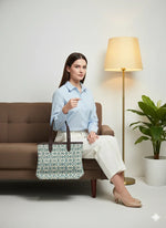 Sea Green Geometric print with Brown Shoulder Strap Tote Bag for Women - SanskrutiHomes 
