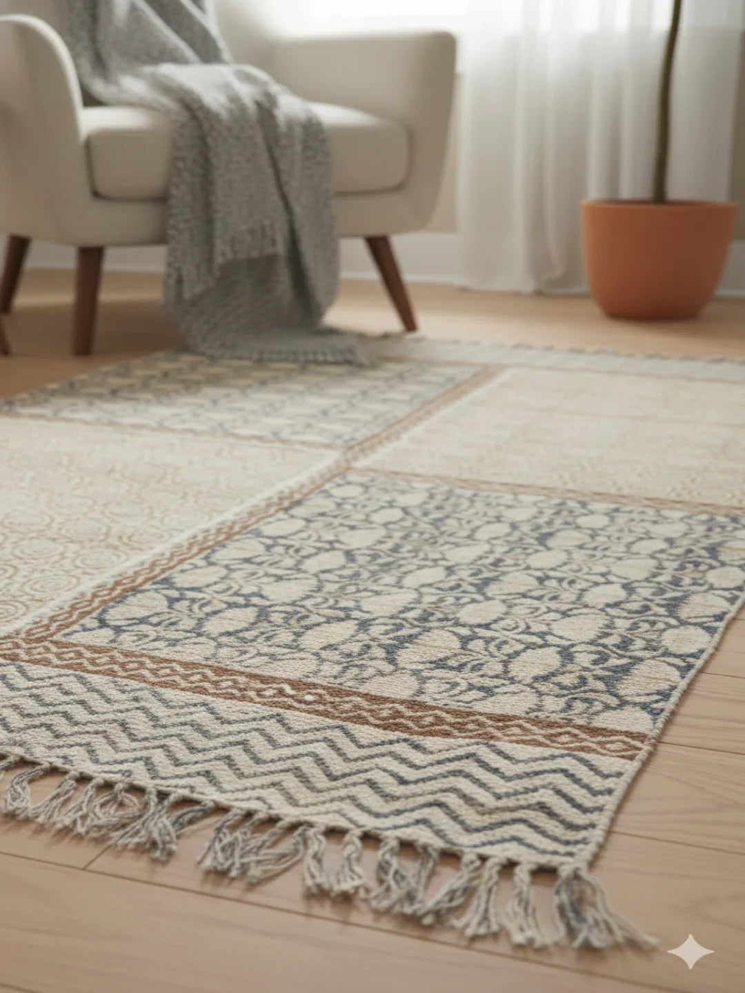 Beige Block Print Cotton With Tassels Rug - SanskrutiHomes 