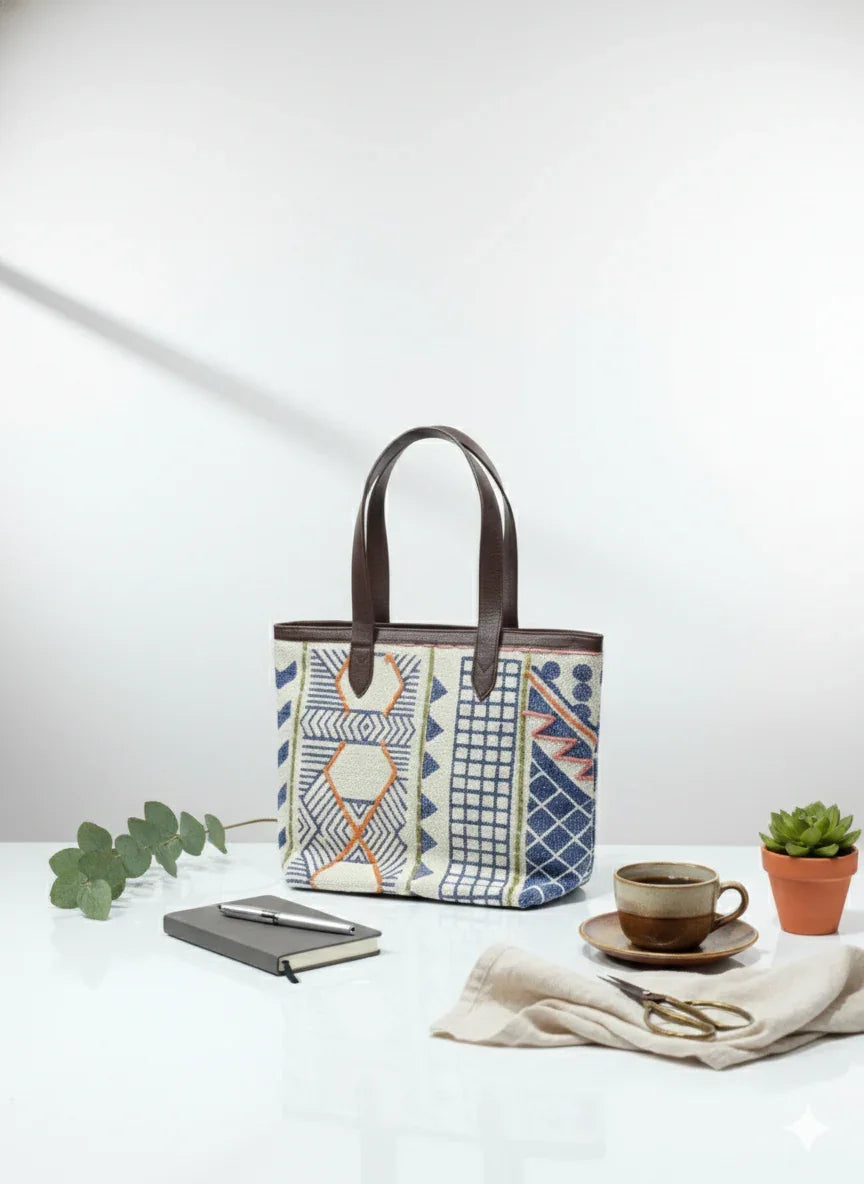 White Geometric Print Cotton Tote Bag with Brown Shoulder Straps for Women - SanskrutiHomes 