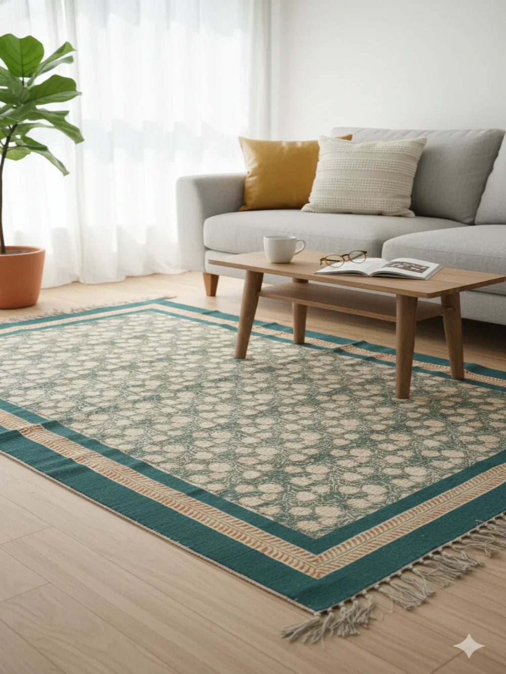Sage Green Cotton Block print with Tassels and fringed edges Rug - SanskrutiHomes 