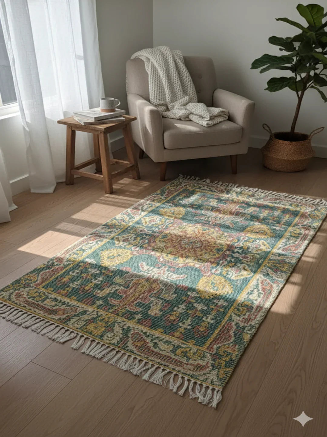Sage Green Digital Geometric Print with fringed edges Rug - SanskrutiHomes 