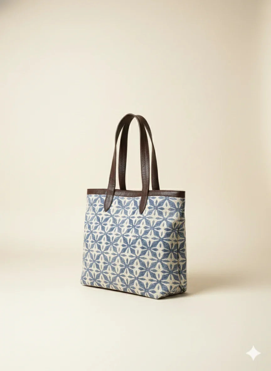 Blue Geometric floral Print Cotton Tote Bag for Women - SanskrutiHomes 