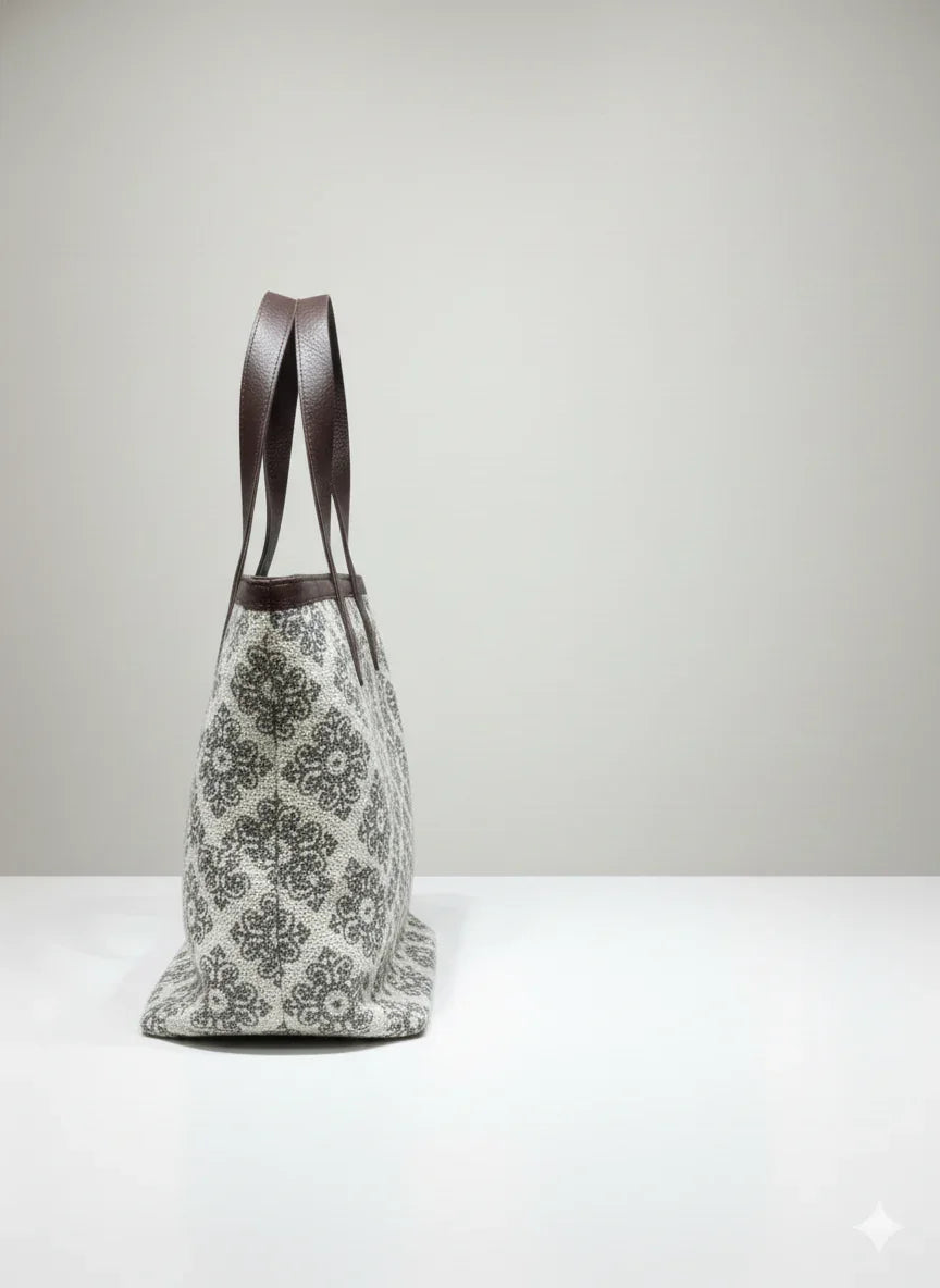 Beige Floral print Cotton Tote bag for Women - SanskrutiHomes 