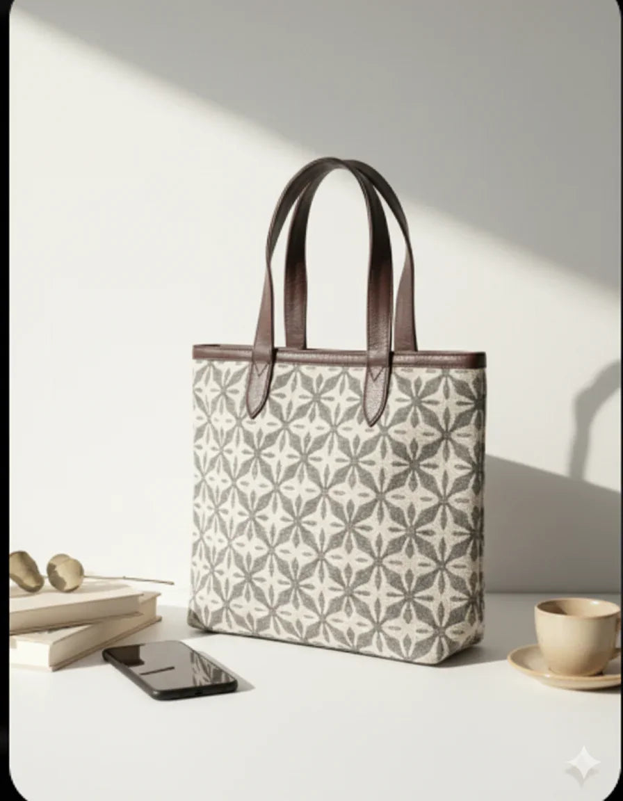 Coffee Brown Geometric Print With brown Shoulder Straps Cotton Tote Bag for Women - SanskrutiHomes 