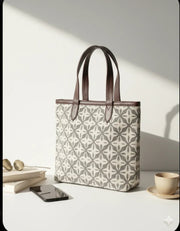 Coffee Brown Geometric Print With brown Shoulder Straps Cotton Tote Bag for Women - SanskrutiHomes 