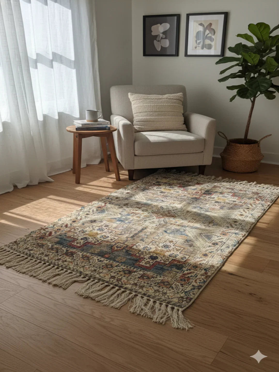 Beige Geometric Cotton Woven Digital Print Polyester Fringed Edges Rug - SanskrutiHomes 