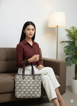 Coffee Brown Geometric Print With brown Shoulder Straps Cotton Tote Bag for Women - SanskrutiHomes 