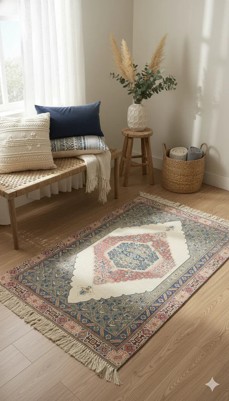 Multi Color Cotton Digital Print Stripe with Tassels and fringed edges Rug - SanskrutiHomes 