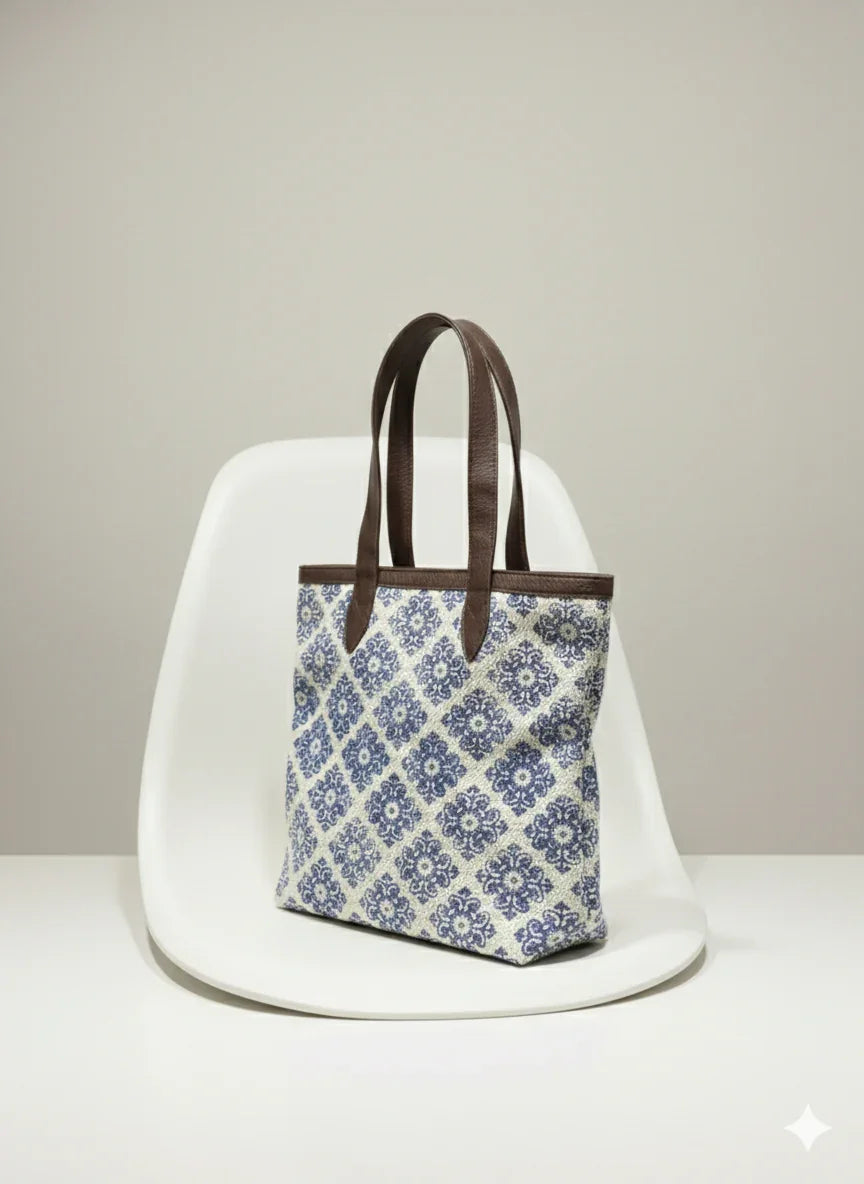 Indigo Floral Print Cotton Tote Bag for women - SanskrutiHomes 