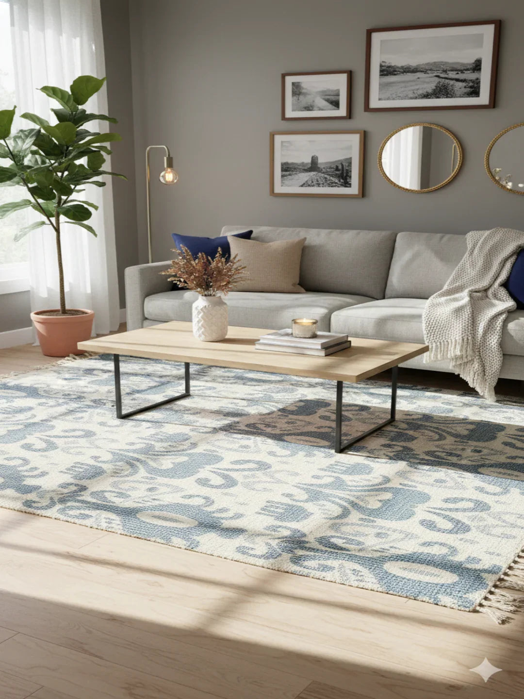 Off White & Slate Blue Geometric Cotton Woven Area with Fringed Edges Rug - SanskrutiHomes 