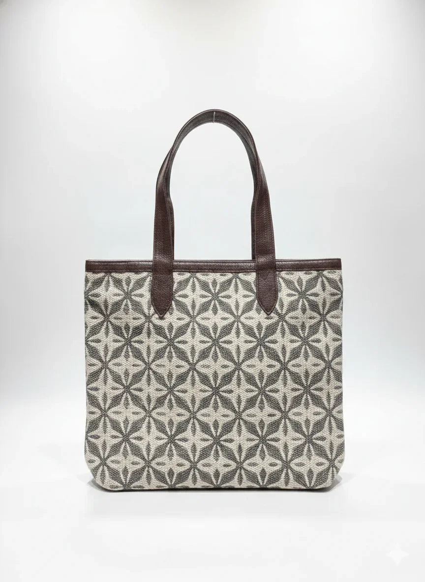 Coffee Brown Geometric Print With brown Shoulder Straps Cotton Tote Bag for Women - SanskrutiHomes 