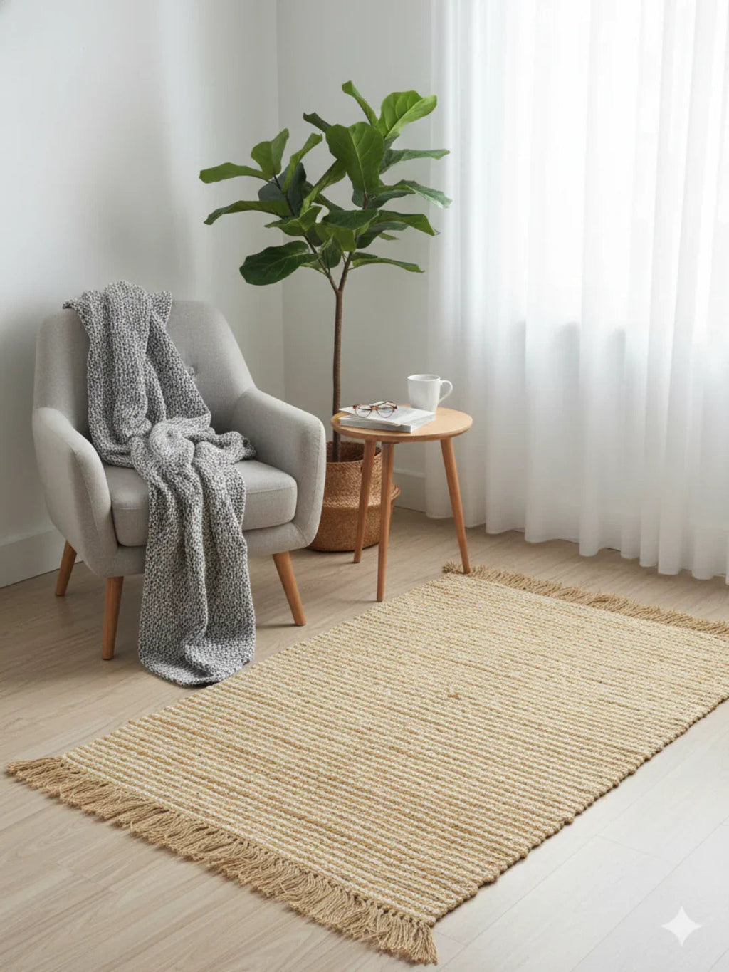 Beige Stripes Print Cotton and Jute Woven fringed edges Rug - SanskrutiHomes 