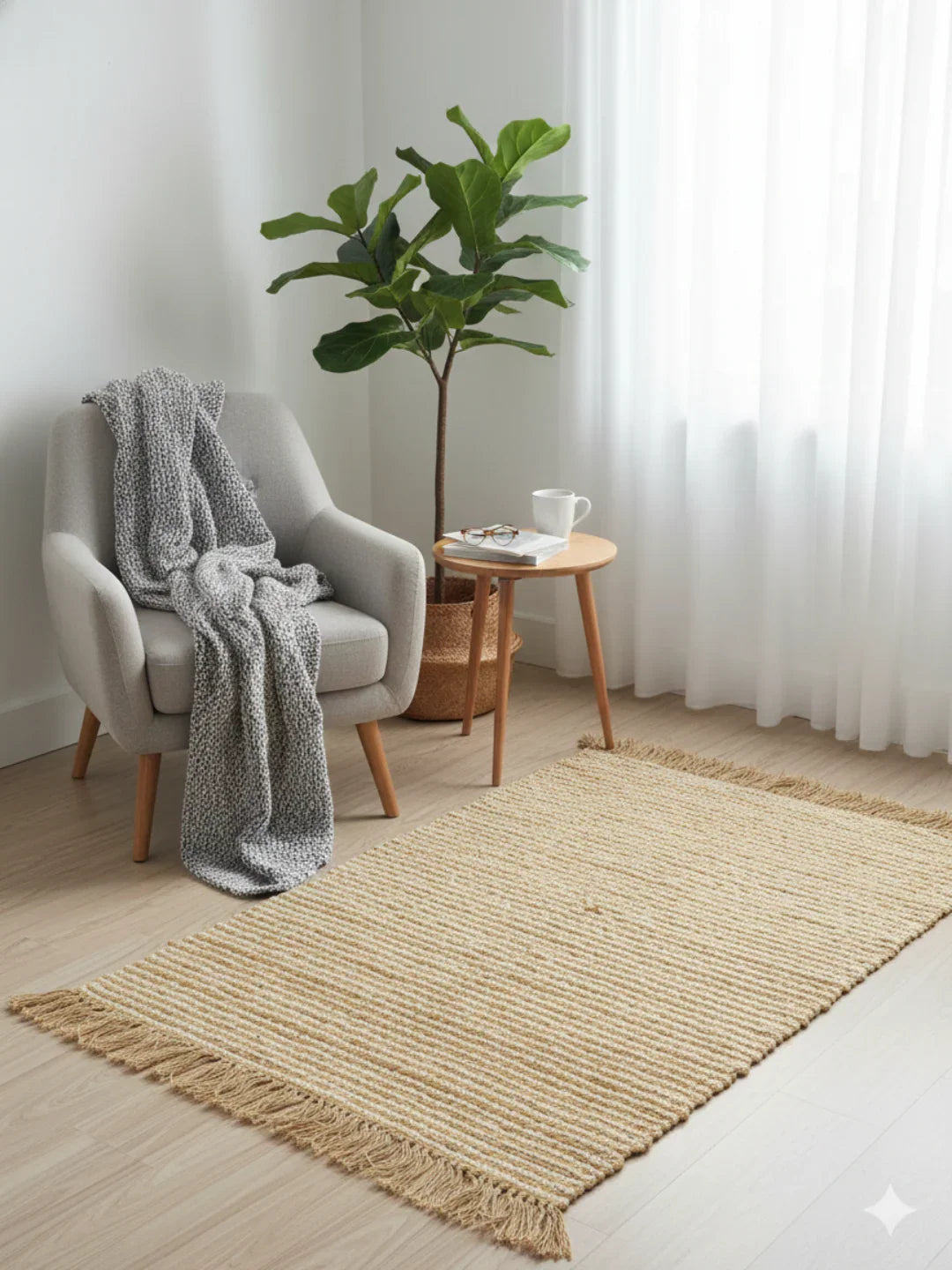 Beige Stripes Print Cotton and Jute Woven fringed edges Rug - SanskrutiHomes 