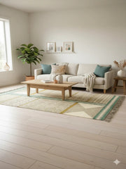 Beige Geometric Patchwork Polyester Woven with Fringed Edges Area Rug - SanskrutiHomes 