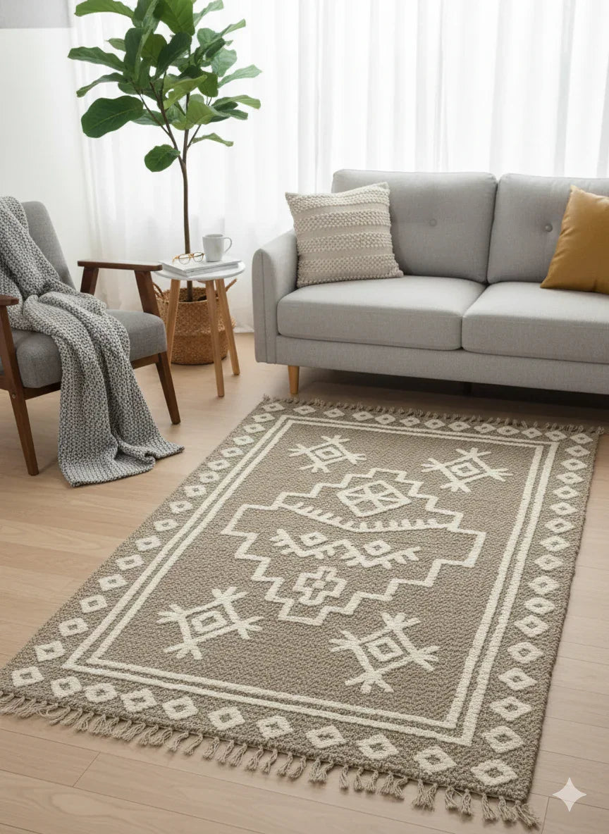 Grey Tribal Geometric Woven Cotton Jute Rug with Fringed Edges - SanskrutiHomes 