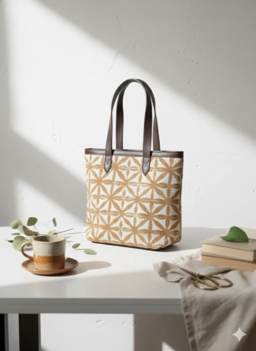 Brown Geometric Print Canvas Tote Bag with Brown Leatherette Handles for Women - SanskrutiHomes 