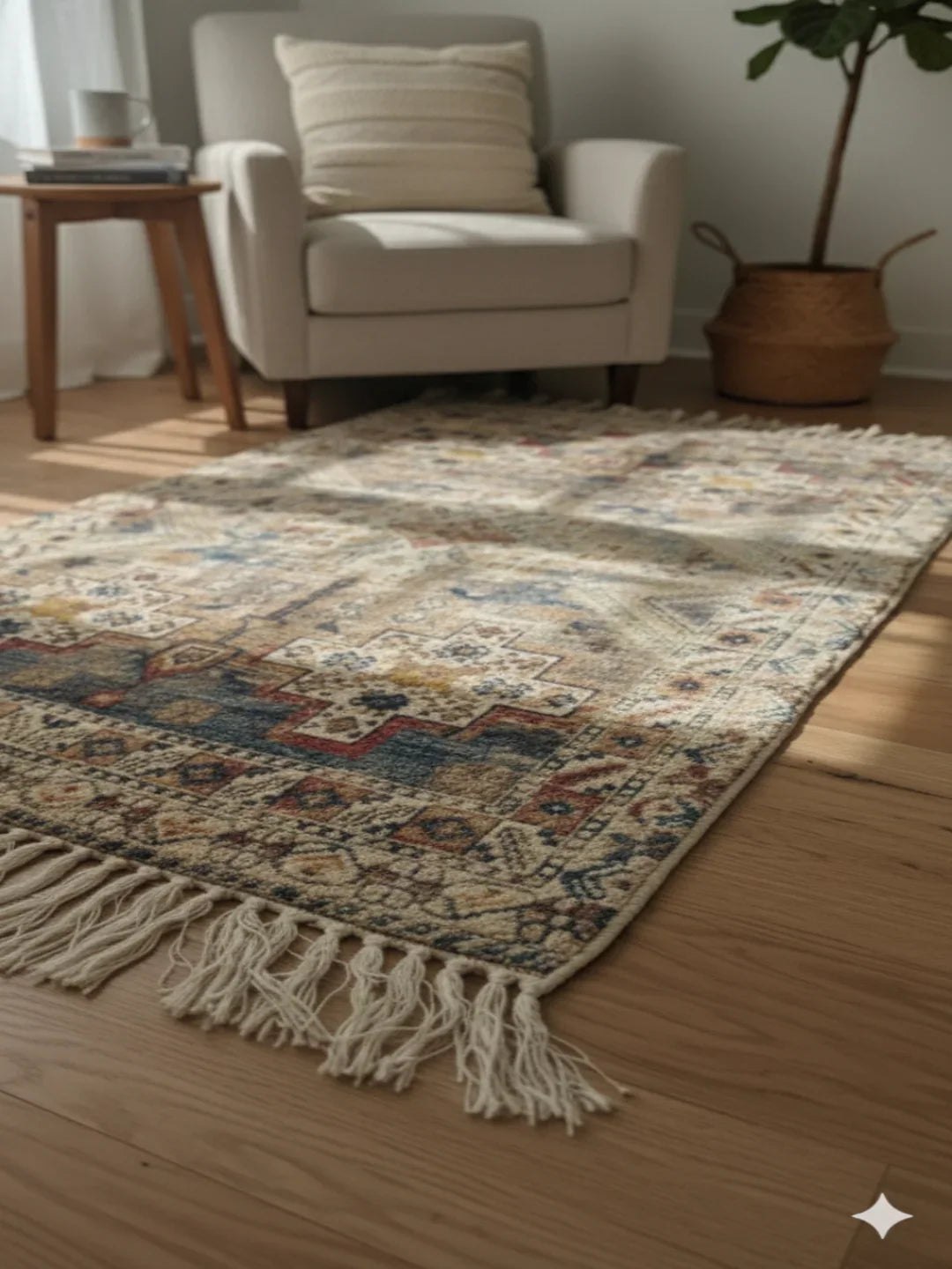 Beige Geometric Cotton Woven Digital Print Polyester Fringed Edges Rug - SanskrutiHomes 