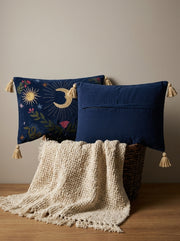 Navy Blue Velvet Rectangle Moon & Sun Embroidered Cushion Cover
