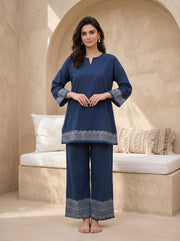 Blue V-Neck Floral Pure Cotton Night Suit For Women