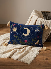 Navy Blue Velvet Rectangle Moon & Sun Embroidered Cushion Cover