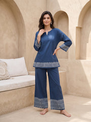 Blue V-Neck Floral Pure Cotton Night Suit For Women