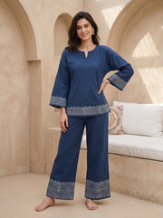 Blue V-Neck Floral Pure Cotton Night Suit For Women
