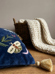 Navy Blue Velvet Rectangle Moon & Sun Embroidered Cushion Cover
