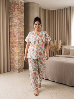 White Floral Notch Neck Cotton Plus Size Night Suit For Women
