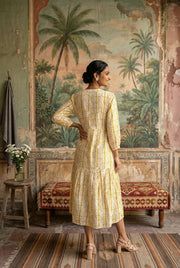 Yellow Motifs V-Neck Pure Cotton Dress For Women