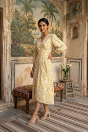 Yellow Motifs V-Neck Pure Cotton Dress For Women