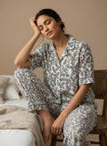 Black & white Shirt Collar Pure Cotton Night Suit Set for Women - SanskrutiHomes 