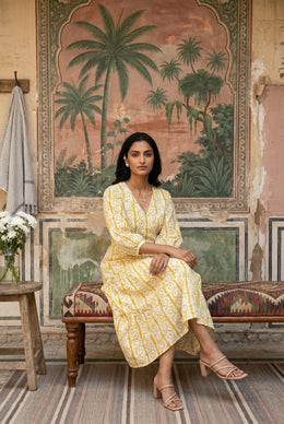 Yellow Motifs V-Neck Pure Cotton Dress For Women