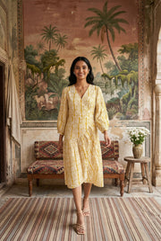 Yellow Motifs V-Neck Pure Cotton Dress For Women