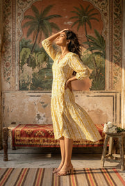 Yellow Motifs V-Neck Pure Cotton Dress For Women