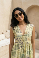 Yellow Ethnic Motifs Print V-Neck Silk Blend Flared Dress for Women - SanskrutiHomes 