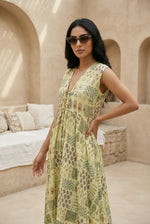Yellow Ethnic Motifs Print V-Neck Silk Blend Flared Dress for Women - SanskrutiHomes 