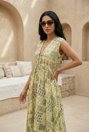 Yellow Ethnic Motifs Print V-Neck Silk Blend Flared Dress for Women - SanskrutiHomes 