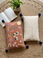 Peach Velvet Rectangular Floral Embroidered Cushion Cover with Tassels