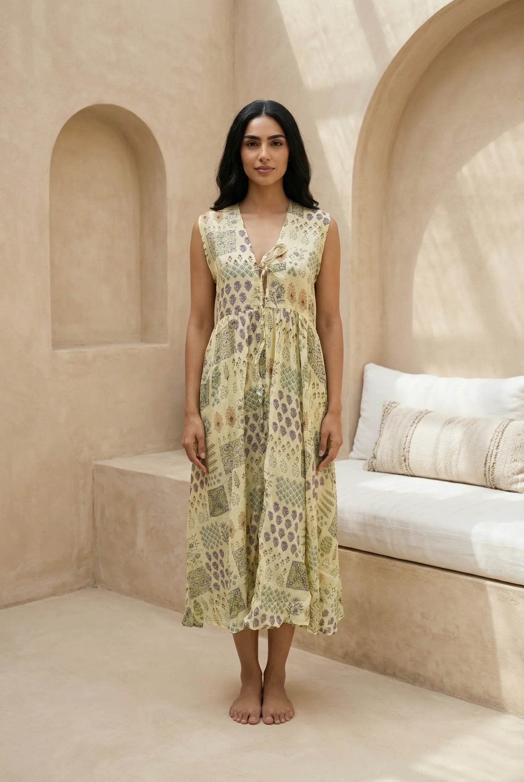 Yellow Ethnic Motifs Print V-Neck Silk Blend Flared Dress for Women - SanskrutiHomes 