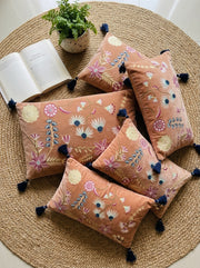 Peach Velvet Rectangular Floral Embroidered Cushion Cover with Tassels