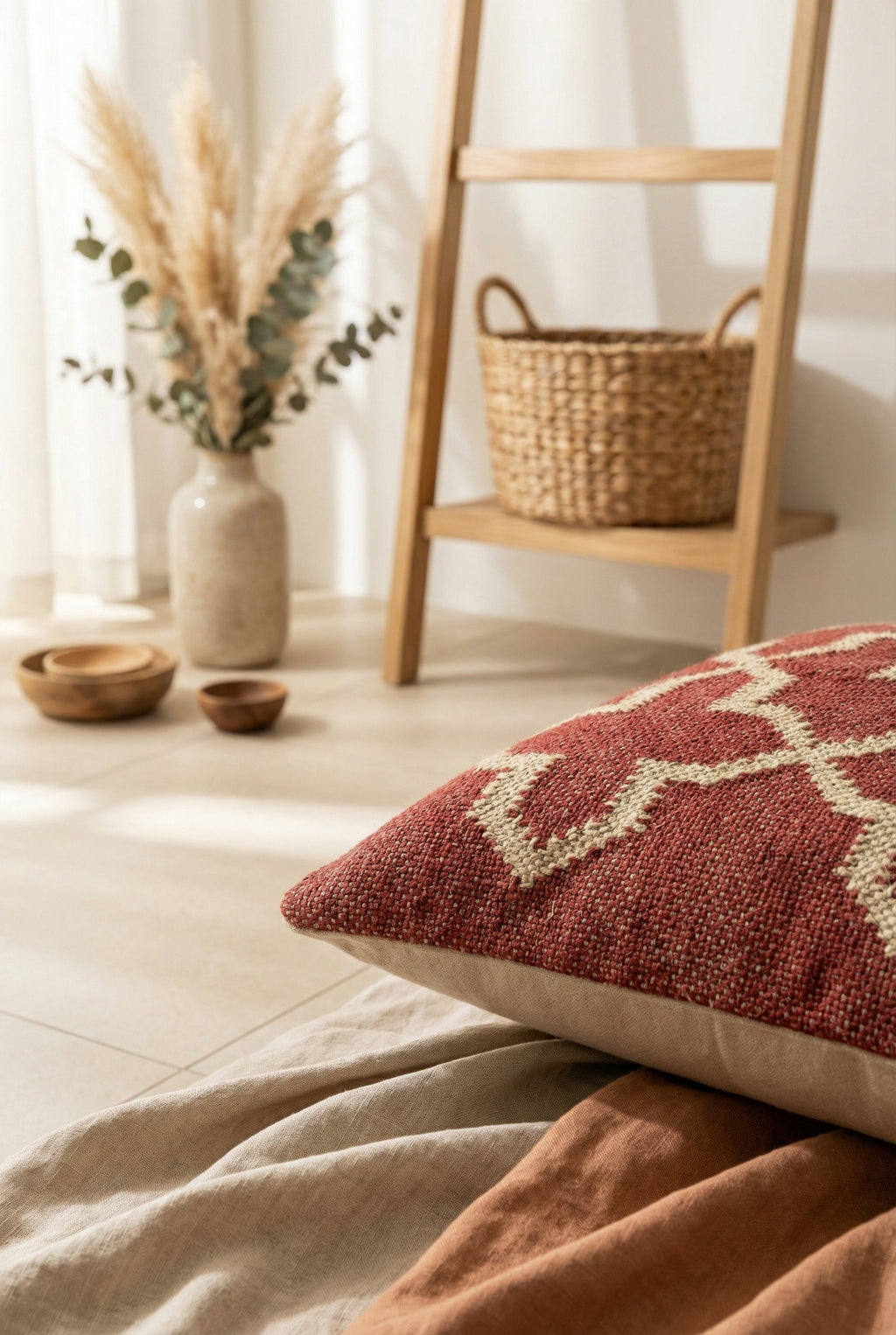 Rust Red Geometric Cotton Squared Cushion Cover