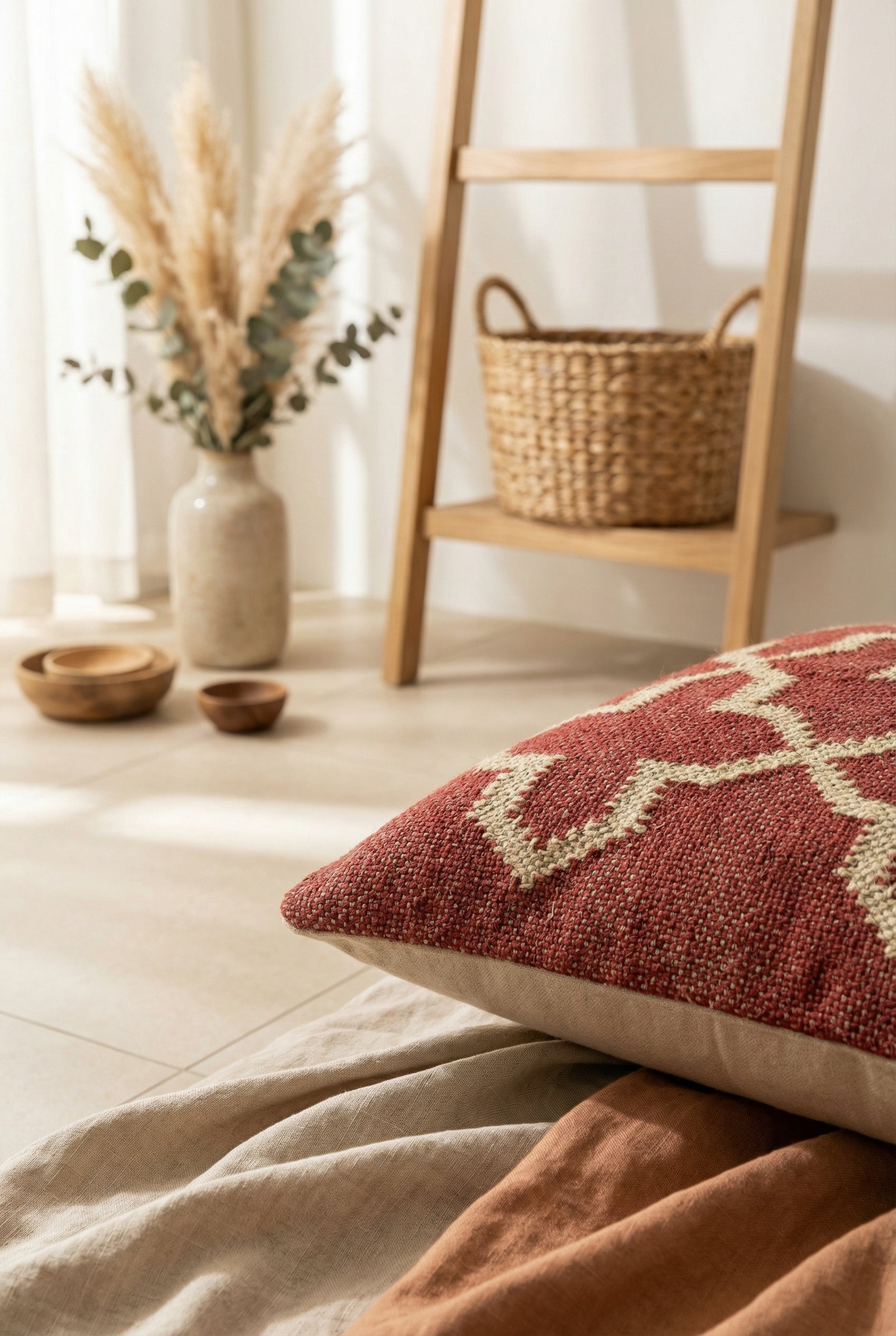 Rust Red Geometric Cotton Squared Cushion Cover