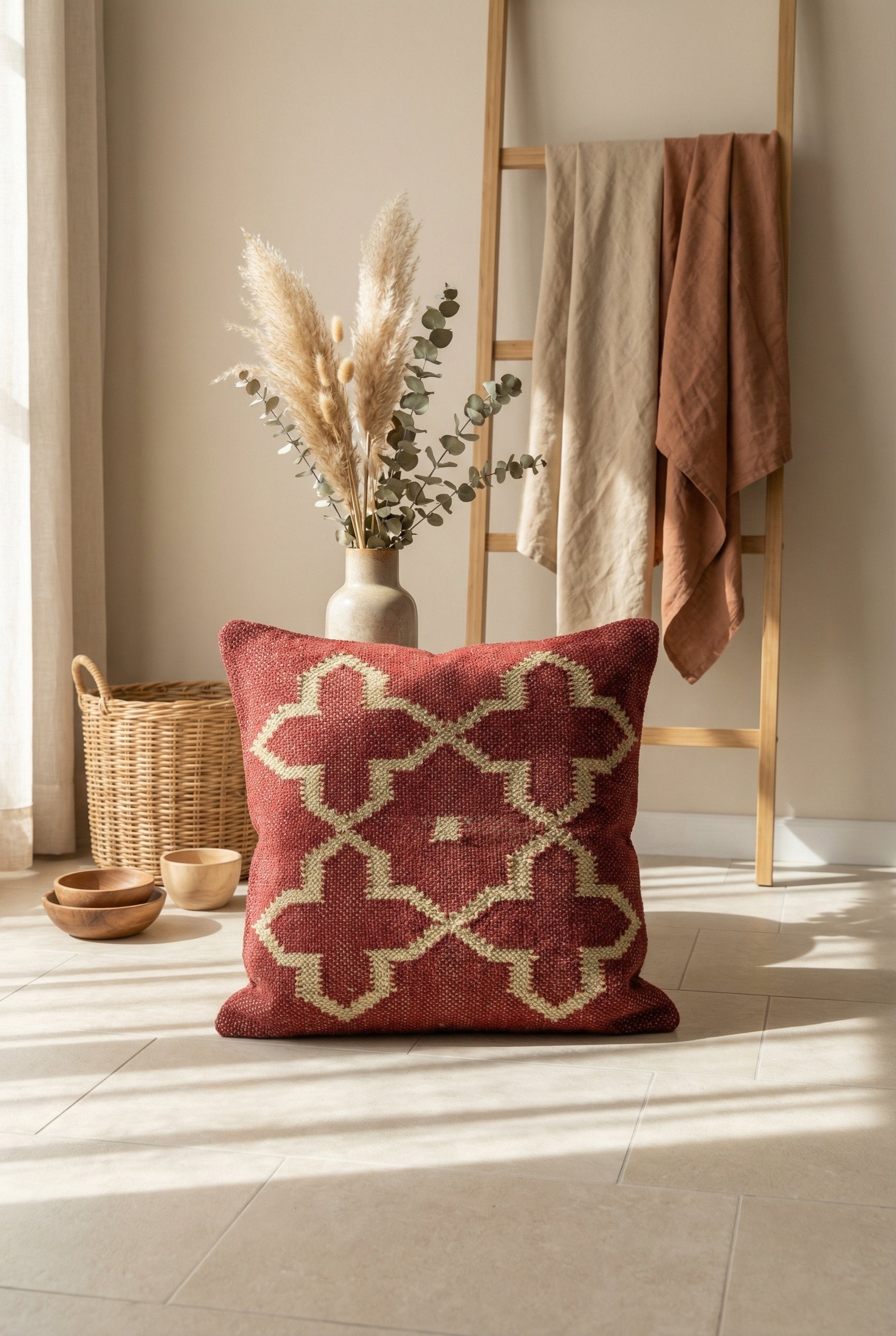 Rust Red Geometric Cotton Squared Cushion Cover