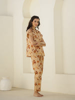 Brown Floral Printed Cotton Night Suit for Women - SanskrutiHomes 