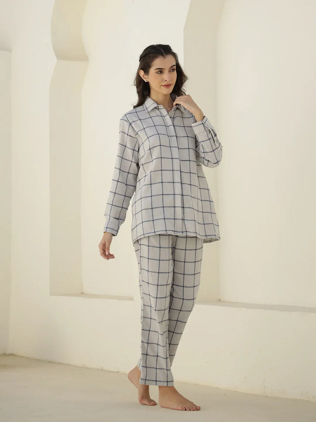 Check Printed Winter Cotton Night Suit Set - SanskrutiHomes 