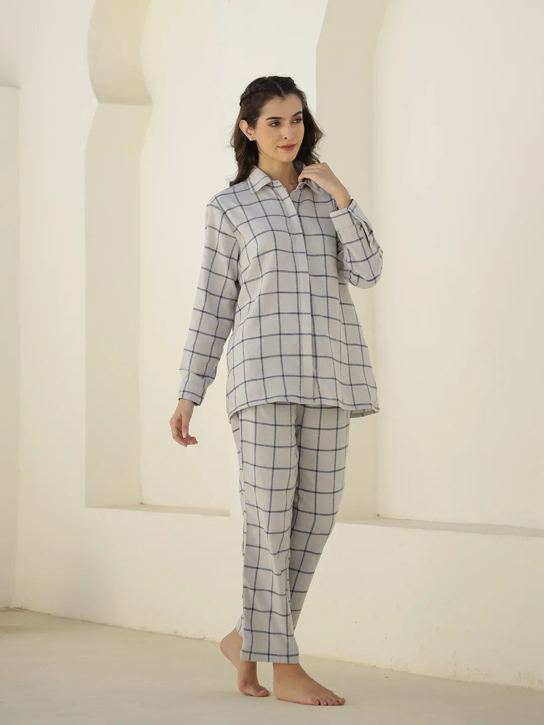 Check Printed Winter Cotton Night Suit Set - SanskrutiHomes 