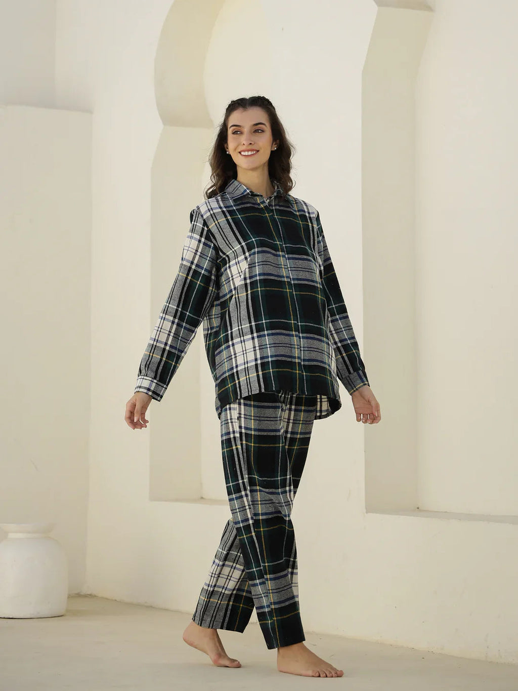 Check Printed Winter Cotton Night Suit - SanskrutiHomes 