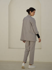 Grey Color Cashmere Strips Printed Lapel Collar Co-Ords Set